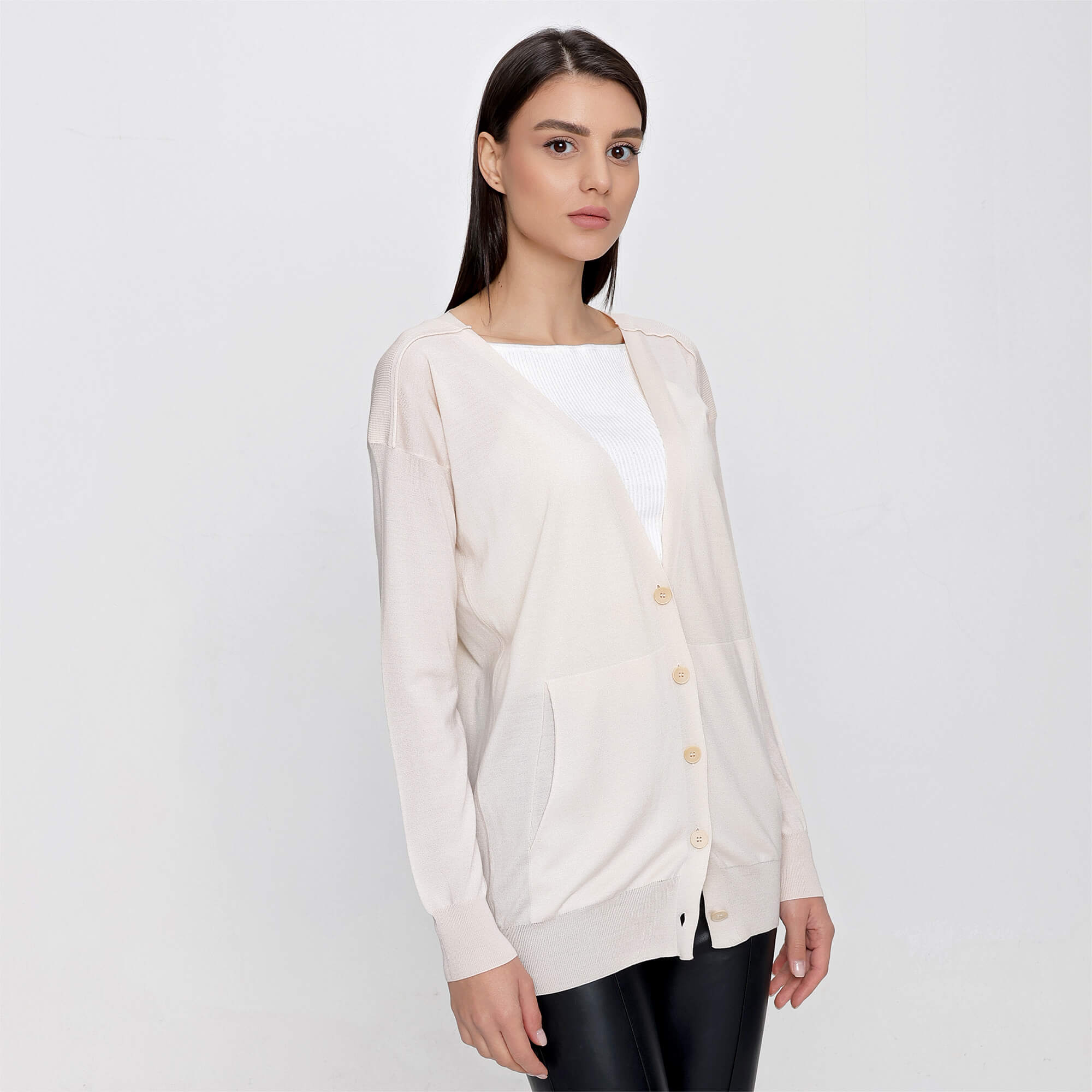 Stella McCartney - Cream Wool and Silk Blend V Neck Front Pocket Cardigan